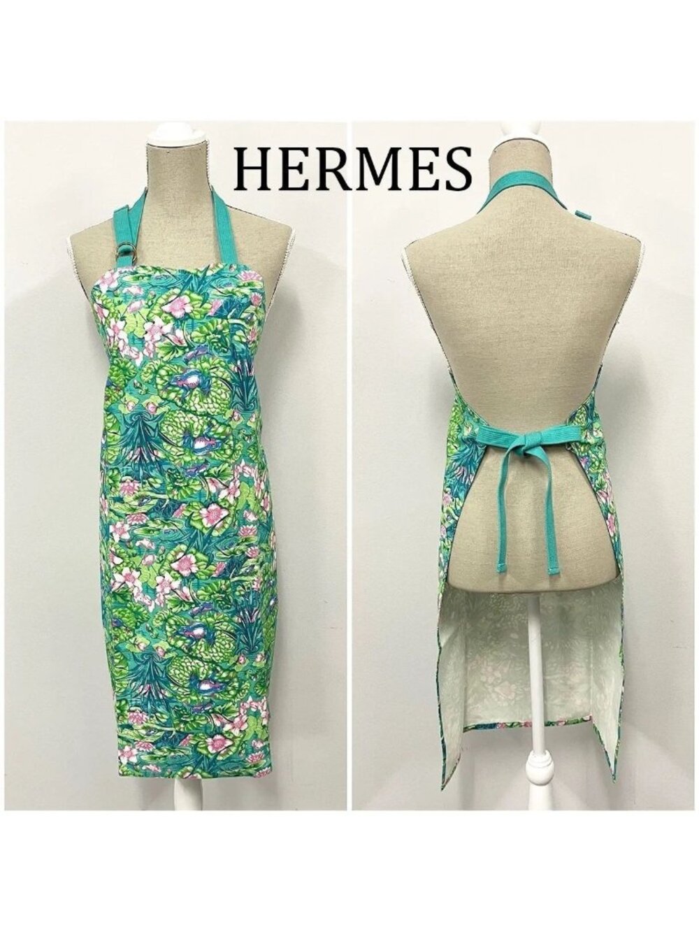 Hermes Vintage Apron Frog Pattern Floral Cotton Green with Box